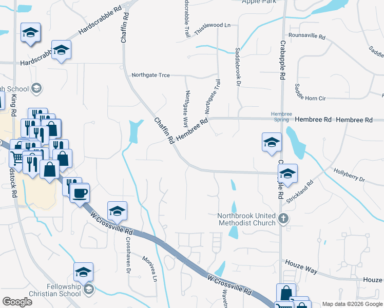 map of restaurants, bars, coffee shops, grocery stores, and more near 275 Chaffin Road in Roswell