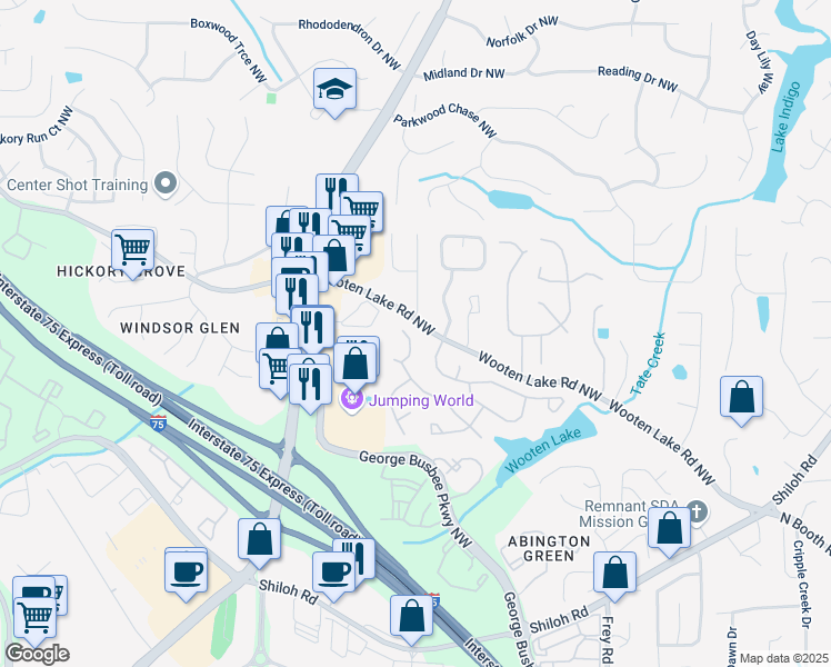 map of restaurants, bars, coffee shops, grocery stores, and more near 3838 Glenlake Springs Court Northwest in Kennesaw