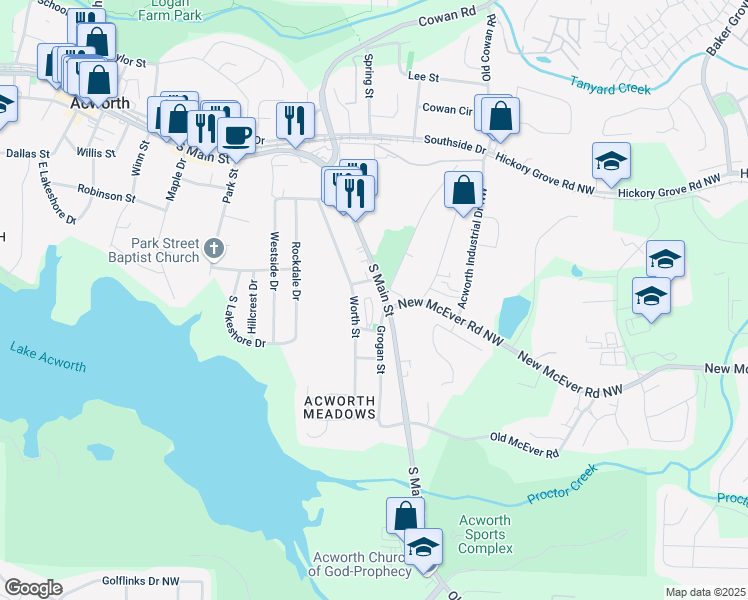 map of restaurants, bars, coffee shops, grocery stores, and more near 4288 South Main Street in Acworth