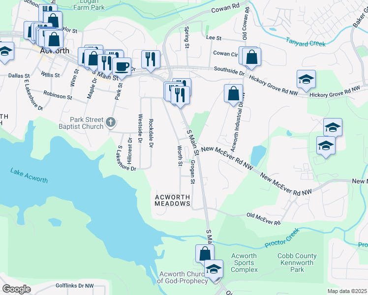 map of restaurants, bars, coffee shops, grocery stores, and more near 4289 Worth Street in Acworth