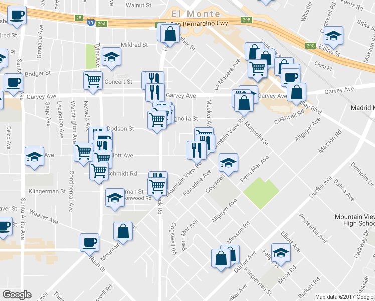 map of restaurants, bars, coffee shops, grocery stores, and more near 11413 Elliott Avenue in El Monte