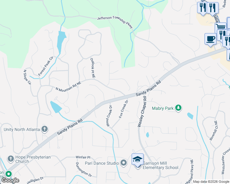map of restaurants, bars, coffee shops, grocery stores, and more near 4486 Poplar Terrace in Marietta