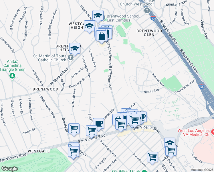 map of restaurants, bars, coffee shops, grocery stores, and more near 527 South Barrington Avenue in Los Angeles