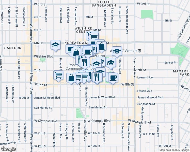 map of restaurants, bars, coffee shops, grocery stores, and more near 724 South Mariposa Avenue in Los Angeles
