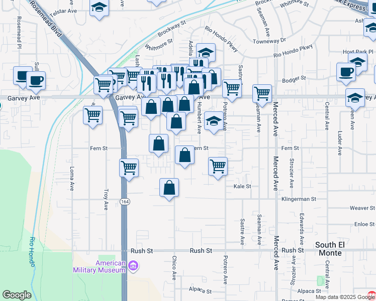 map of restaurants, bars, coffee shops, grocery stores, and more near 9630 Fern Street in South El Monte