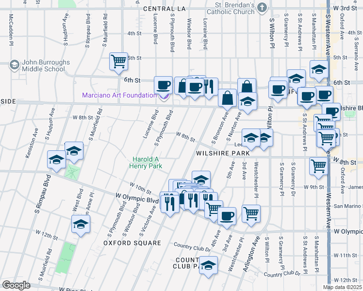 map of restaurants, bars, coffee shops, grocery stores, and more near 821 Lorraine Boulevard in Los Angeles