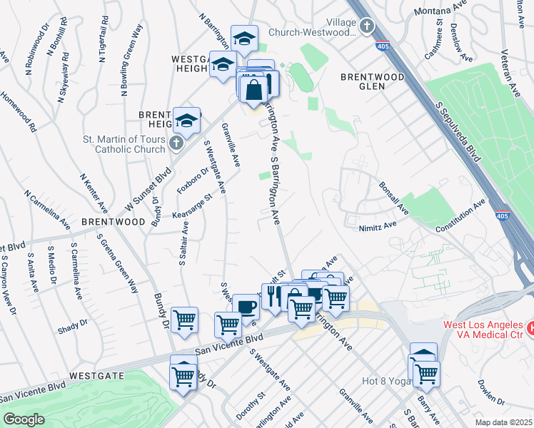 map of restaurants, bars, coffee shops, grocery stores, and more near 527 South Barrington Avenue in Los Angeles