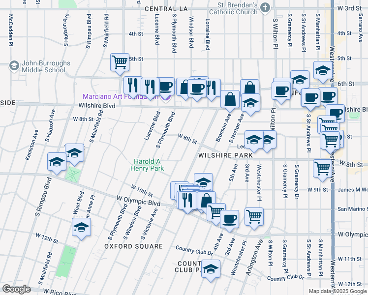 map of restaurants, bars, coffee shops, grocery stores, and more near 821 Lorraine Boulevard in Los Angeles