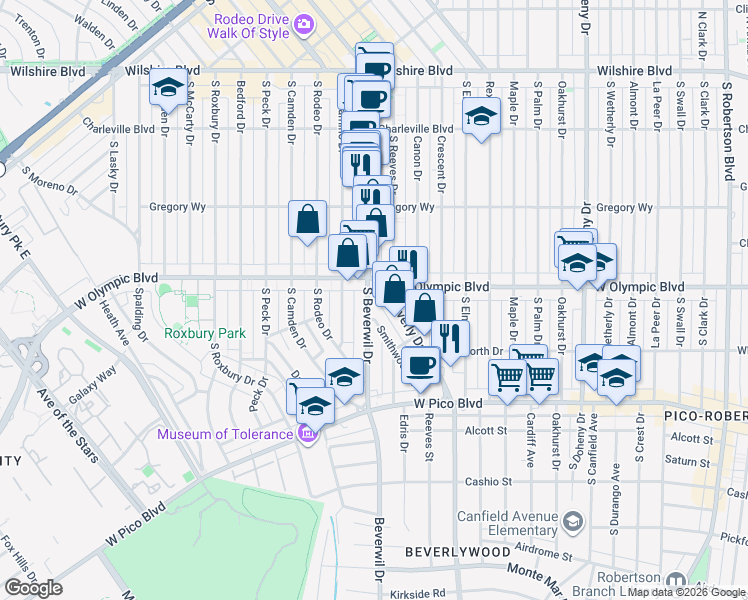 map of restaurants, bars, coffee shops, grocery stores, and more near 423 South Beverwil Drive in Beverly Hills