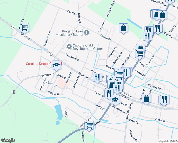 map of restaurants, bars, coffee shops, grocery stores, and more near 3608 Pinewood Drive in Loris