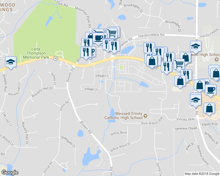 map of restaurants, bars, coffee shops, grocery stores, and more near 5008 Parkside Drive in Roswell