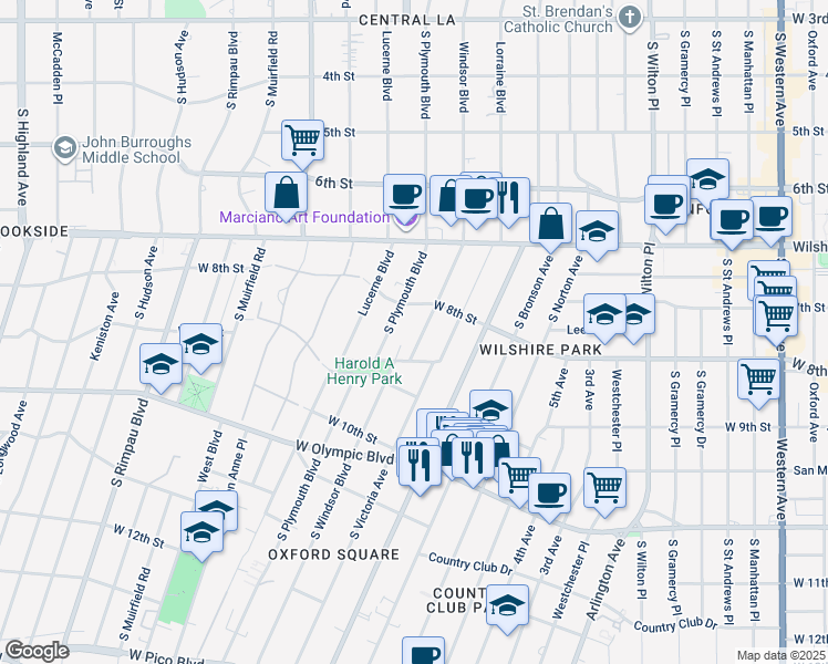 map of restaurants, bars, coffee shops, grocery stores, and more near 837 South Windsor Boulevard in Los Angeles