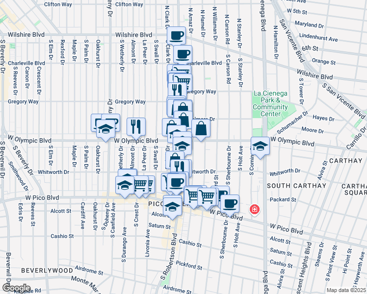 map of restaurants, bars, coffee shops, grocery stores, and more near 8764 West Olympic Boulevard in Los Angeles