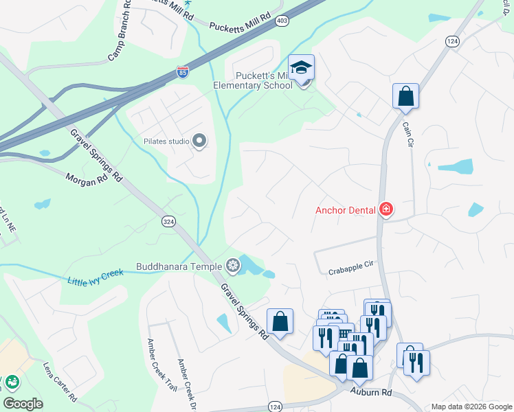 map of restaurants, bars, coffee shops, grocery stores, and more near 2253 Hansford Pass in Buford