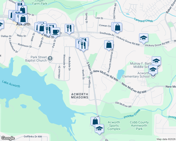map of restaurants, bars, coffee shops, grocery stores, and more near 4288 South Main Street in Acworth
