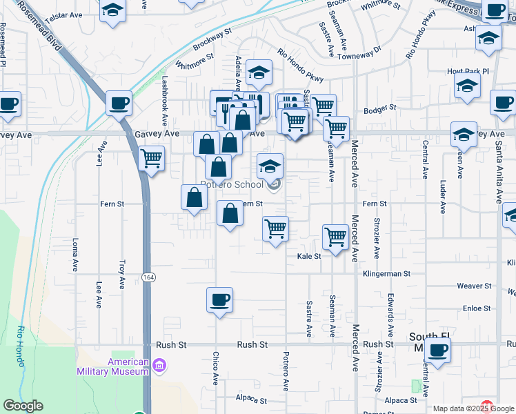 map of restaurants, bars, coffee shops, grocery stores, and more near 9714 Fern Street in South El Monte