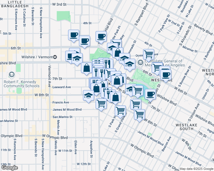map of restaurants, bars, coffee shops, grocery stores, and more near 2618 West 7th Street in Los Angeles