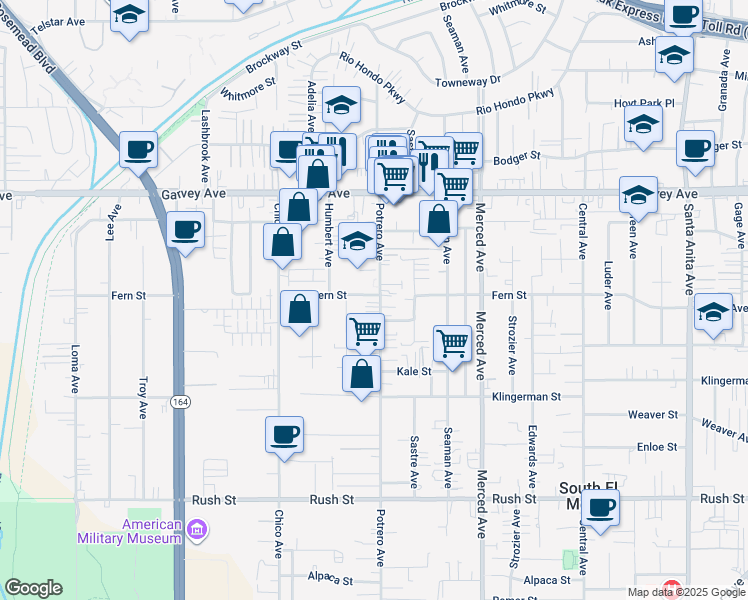 map of restaurants, bars, coffee shops, grocery stores, and more near 2561 Potrero Ave in El Monte