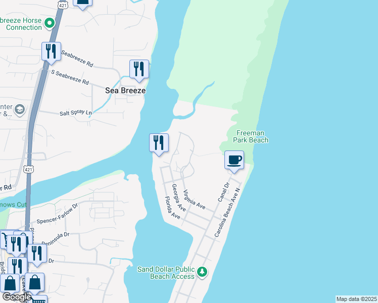 map of restaurants, bars, coffee shops, grocery stores, and more near 413 Oceana Way in Carolina Beach