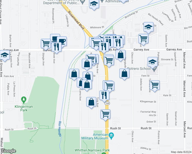 map of restaurants, bars, coffee shops, grocery stores, and more near 2561 Troy Avenue in South El Monte