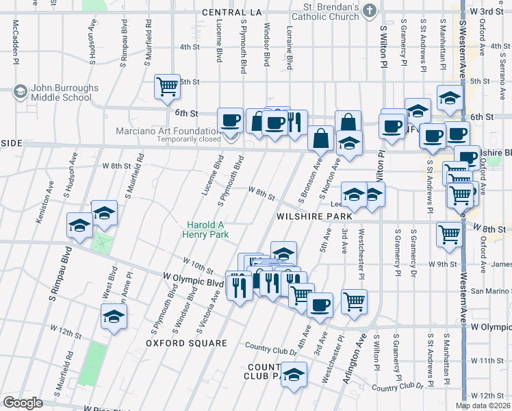 map of restaurants, bars, coffee shops, grocery stores, and more near 821 Lorraine Boulevard in Los Angeles