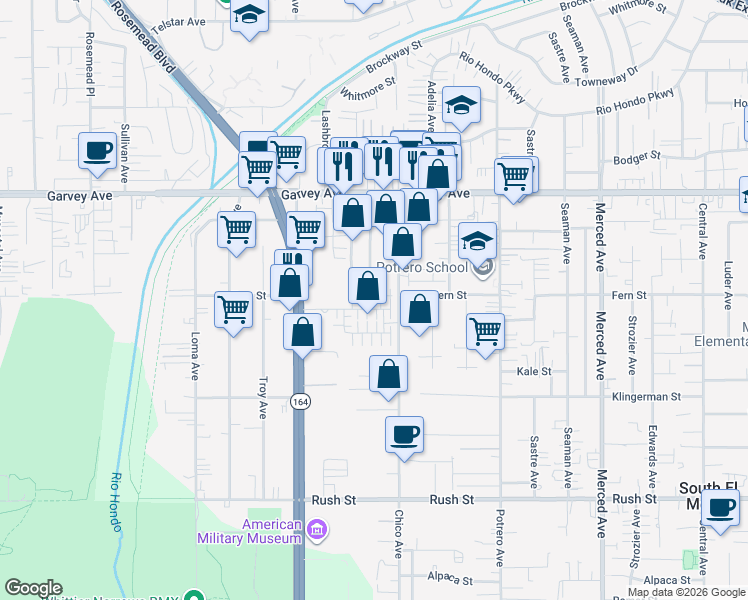 map of restaurants, bars, coffee shops, grocery stores, and more near 2544 Dorris Street in South El Monte