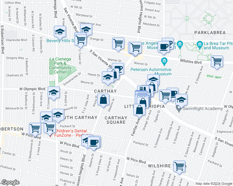 map of restaurants, bars, coffee shops, grocery stores, and more near 994 Stearns Drive in Los Angeles