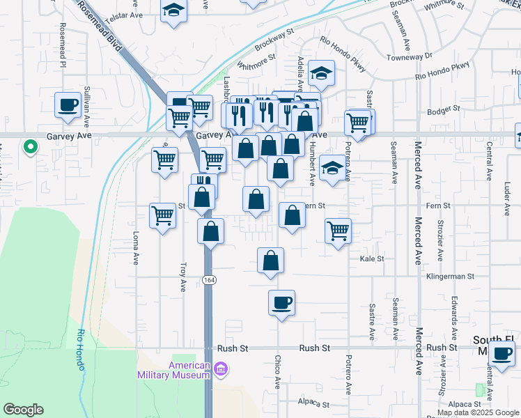 map of restaurants, bars, coffee shops, grocery stores, and more near 2603 Chico Avenue in South El Monte