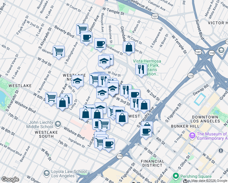 map of restaurants, bars, coffee shops, grocery stores, and more near 275 Lucas Avenue in Los Angeles