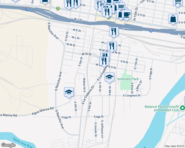 map of restaurants, bars, coffee shops, grocery stores, and more near 267 Maple Street in Colton