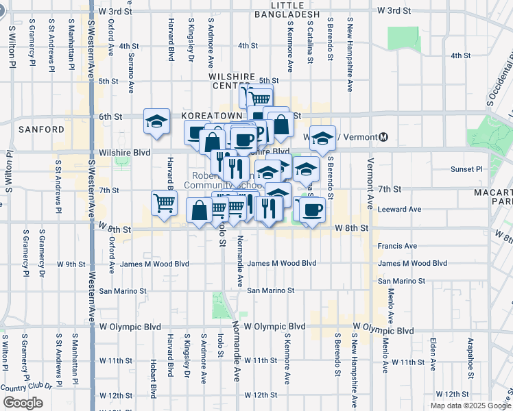 map of restaurants, bars, coffee shops, grocery stores, and more near 727 South Mariposa Avenue in Los Angeles