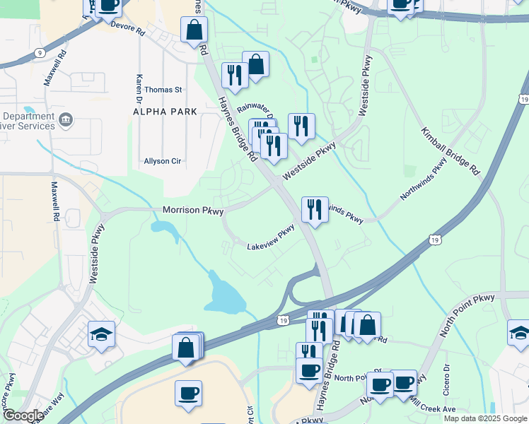 map of restaurants, bars, coffee shops, grocery stores, and more near 2400 Lakeview Parkway in Alpharetta