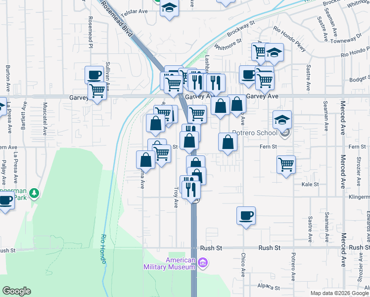 map of restaurants, bars, coffee shops, grocery stores, and more near 9364 Fern Street in South El Monte