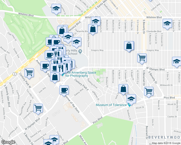 map of restaurants, bars, coffee shops, grocery stores, and more near 408 South Spalding Drive in Beverly Hills