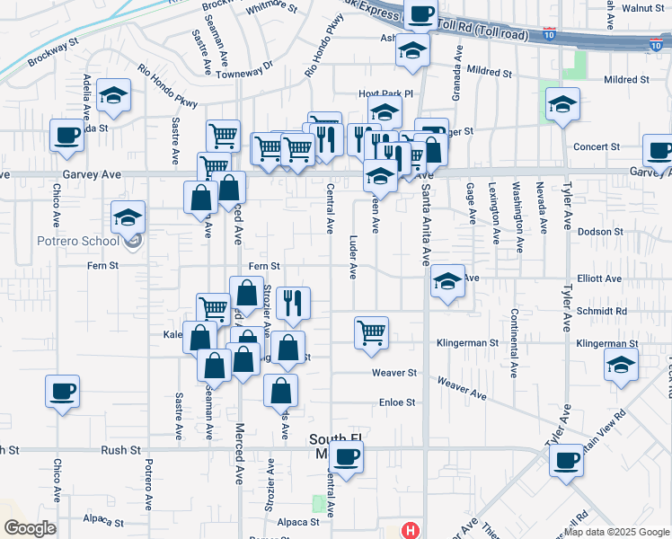 map of restaurants, bars, coffee shops, grocery stores, and more near 2560 Central Avenue in South El Monte