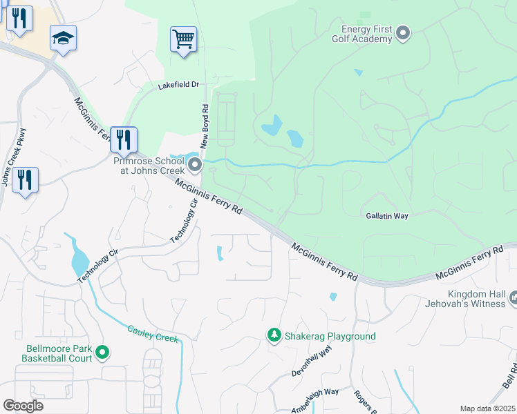 map of restaurants, bars, coffee shops, grocery stores, and more near 7548 Portbury Park Lane in Suwanee