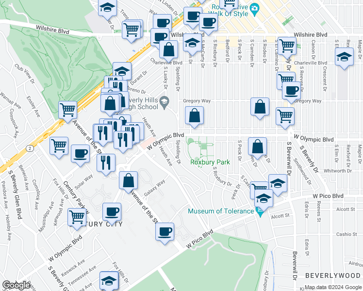 map of restaurants, bars, coffee shops, grocery stores, and more near 410 South Spalding Drive in Beverly Hills