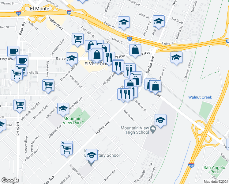 map of restaurants, bars, coffee shops, grocery stores, and more near 2923 Maxson Road in El Monte