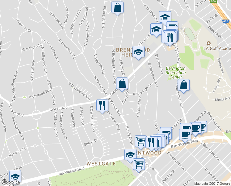 map of restaurants, bars, coffee shops, grocery stores, and more near 101 South Bowling Green Way in Los Angeles