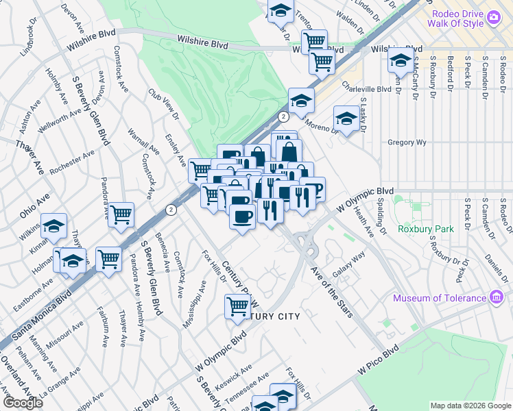 map of restaurants, bars, coffee shops, grocery stores, and more near 1999 Avenue of the Stars in Los Angeles