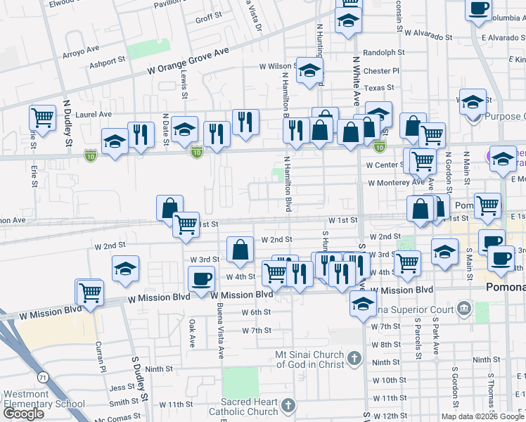 map of restaurants, bars, coffee shops, grocery stores, and more near 131 Newman Street in Pomona