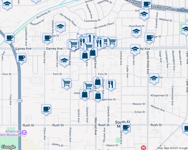 map of restaurants, bars, coffee shops, grocery stores, and more near 2561 Merced Avenue in South El Monte