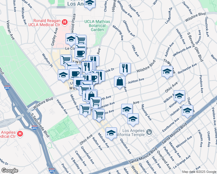 map of restaurants, bars, coffee shops, grocery stores, and more near 10811 Ashton Avenue in Los Angeles