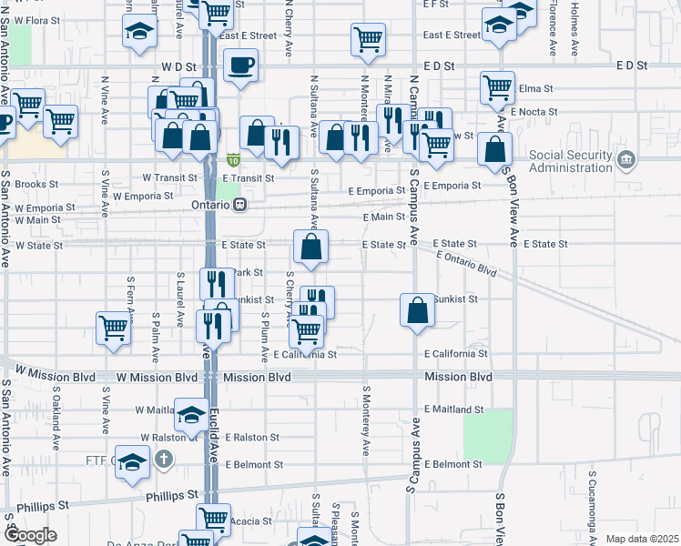 map of restaurants, bars, coffee shops, grocery stores, and more near 530 East Park Street in Ontario