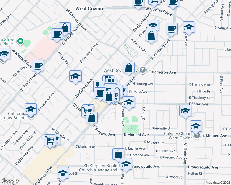 map of restaurants, bars, coffee shops, grocery stores, and more near 933 South Glendora Avenue in West Covina