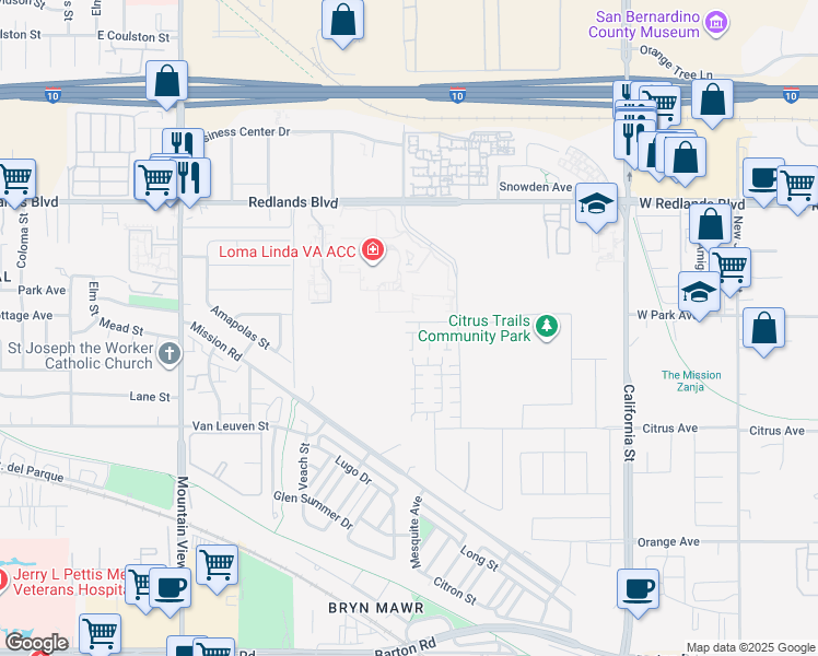 map of restaurants, bars, coffee shops, grocery stores, and more near 26149 West Park Avenue in Loma Linda