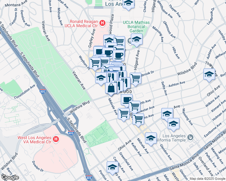 map of restaurants, bars, coffee shops, grocery stores, and more near 10921 Wilshire Boulevard in Los Angeles