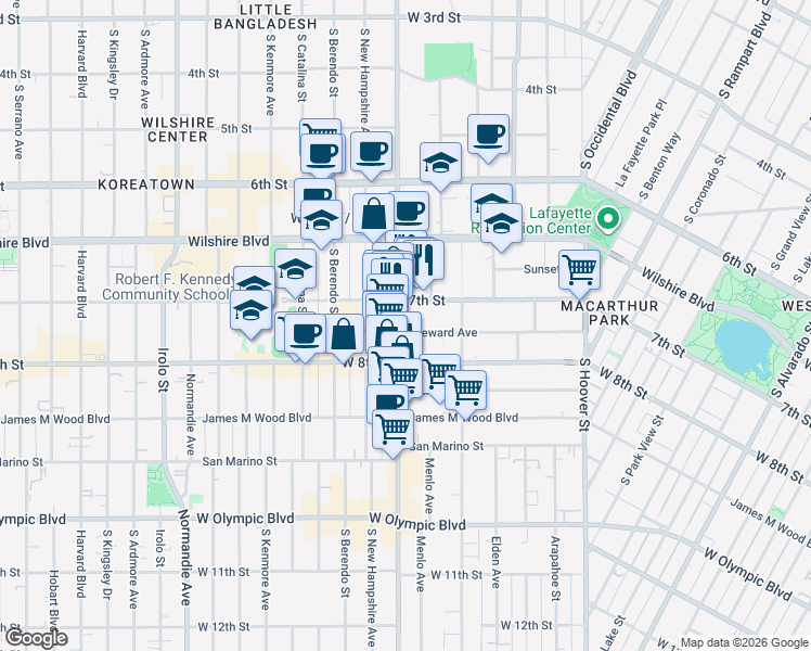 map of restaurants, bars, coffee shops, grocery stores, and more near 730S Vermont Avenue in Los Angeles