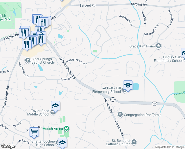 map of restaurants, bars, coffee shops, grocery stores, and more near 175 Westbury Lane in Alpharetta