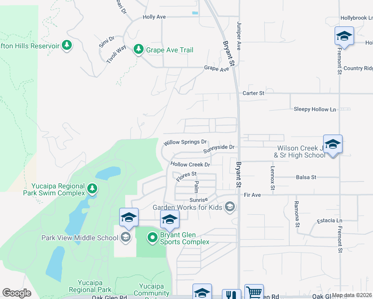 map of restaurants, bars, coffee shops, grocery stores, and more near 35092 Sunnyside Drive in Yucaipa
